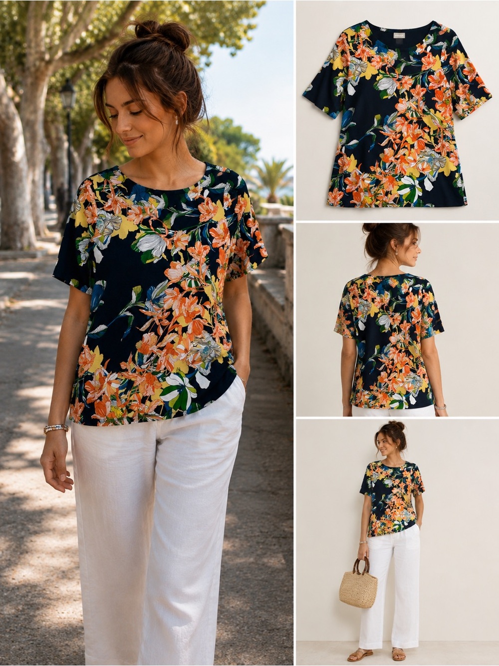 Chico's Navy Floral Rayon Short Sleeve Tee Top Size 0 US S